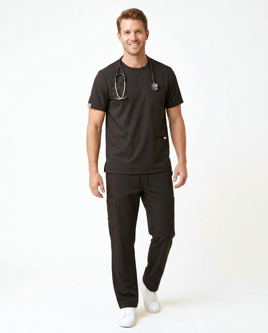 Men's Axis crew-neck top and Form straight-leg pants scrub set in Black – front view | Threadicine