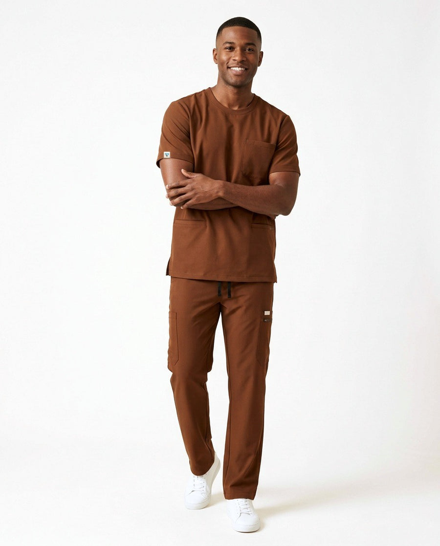 Men's Axis crew-neck top and Form straight-leg pants scrub set in Brown – front view | Threadicine