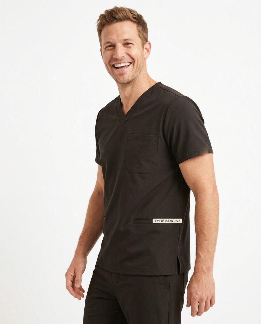 Men's Element V-neck top scrubs in Black – front view | Threadicine