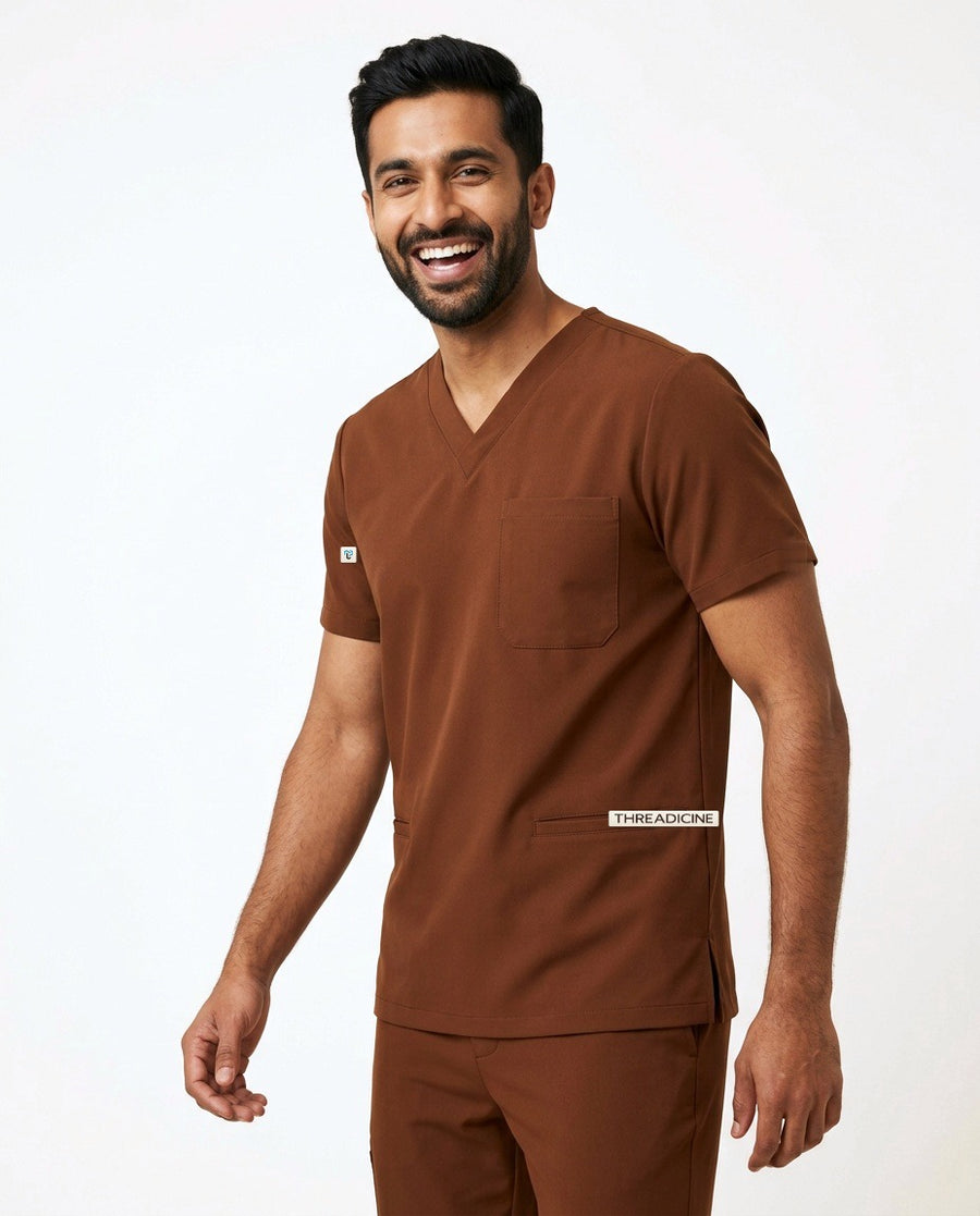 Men's Element V-neck top scrubs in Brown – front view | Threadicine