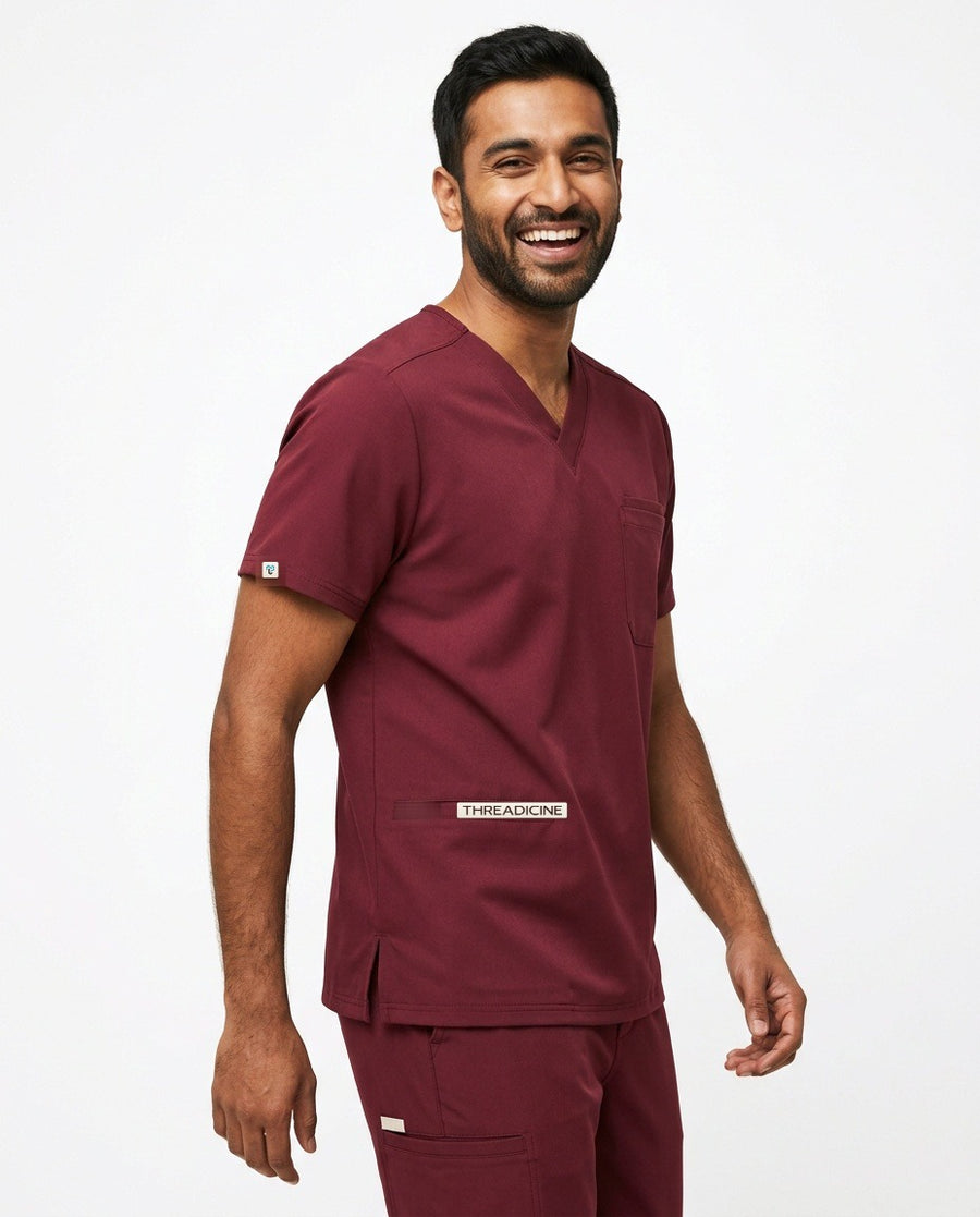 Men's Element V-neck top scrubs in Burgundy – front view | Threadicine