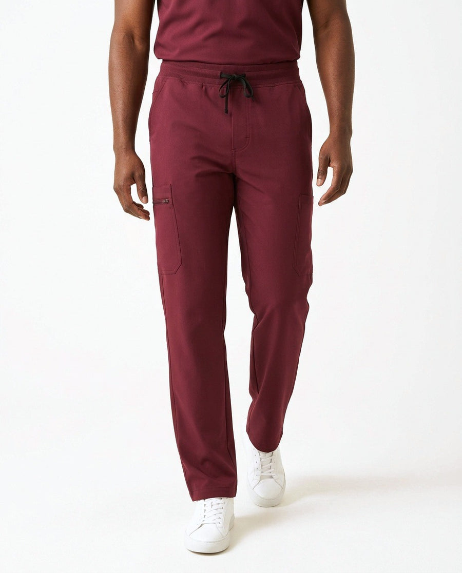 Men's Form straight-leg pants scrubs in Burgundy – front view | Threadicine