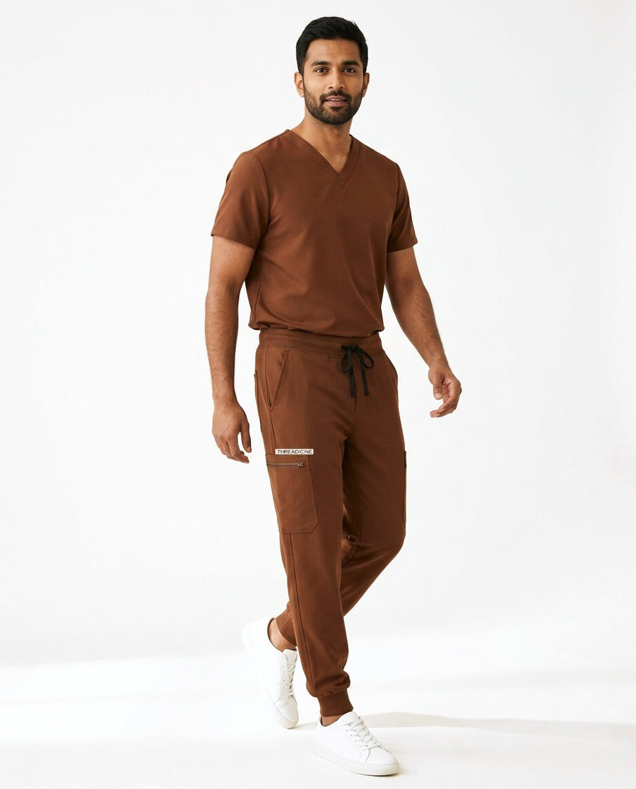Men's Vector jogger pants scrubs in Brown – front view | Threadicine