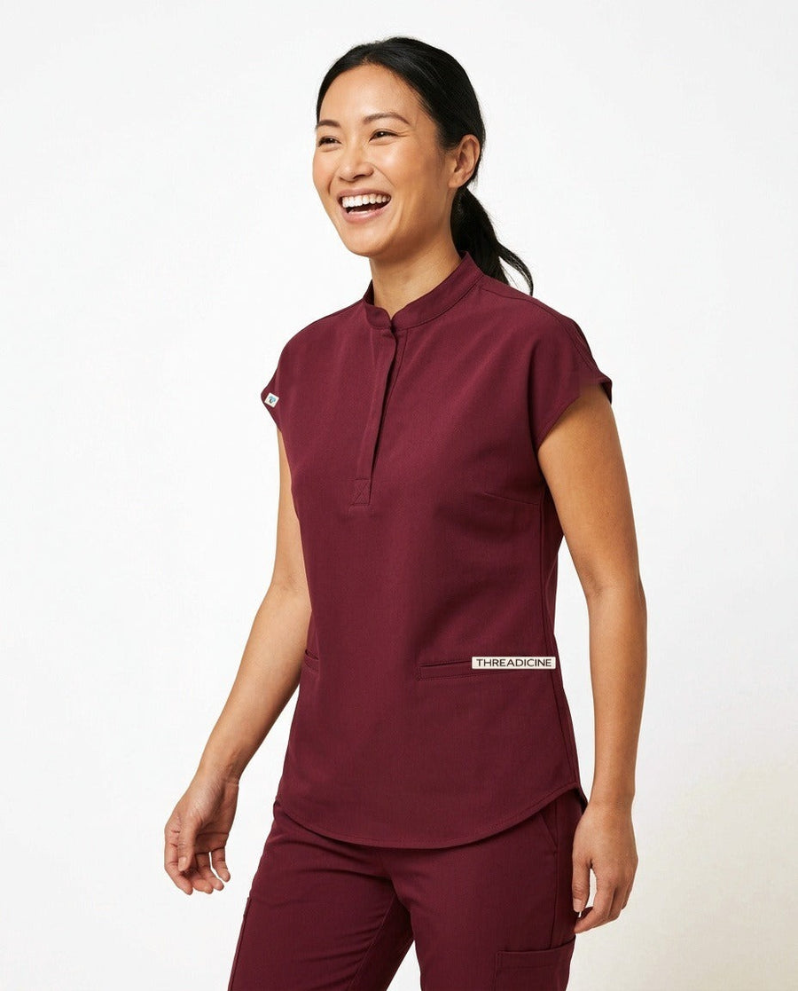 Women's Contour mandarin-collar top scrubs in Burgundy – front view | Threadicine