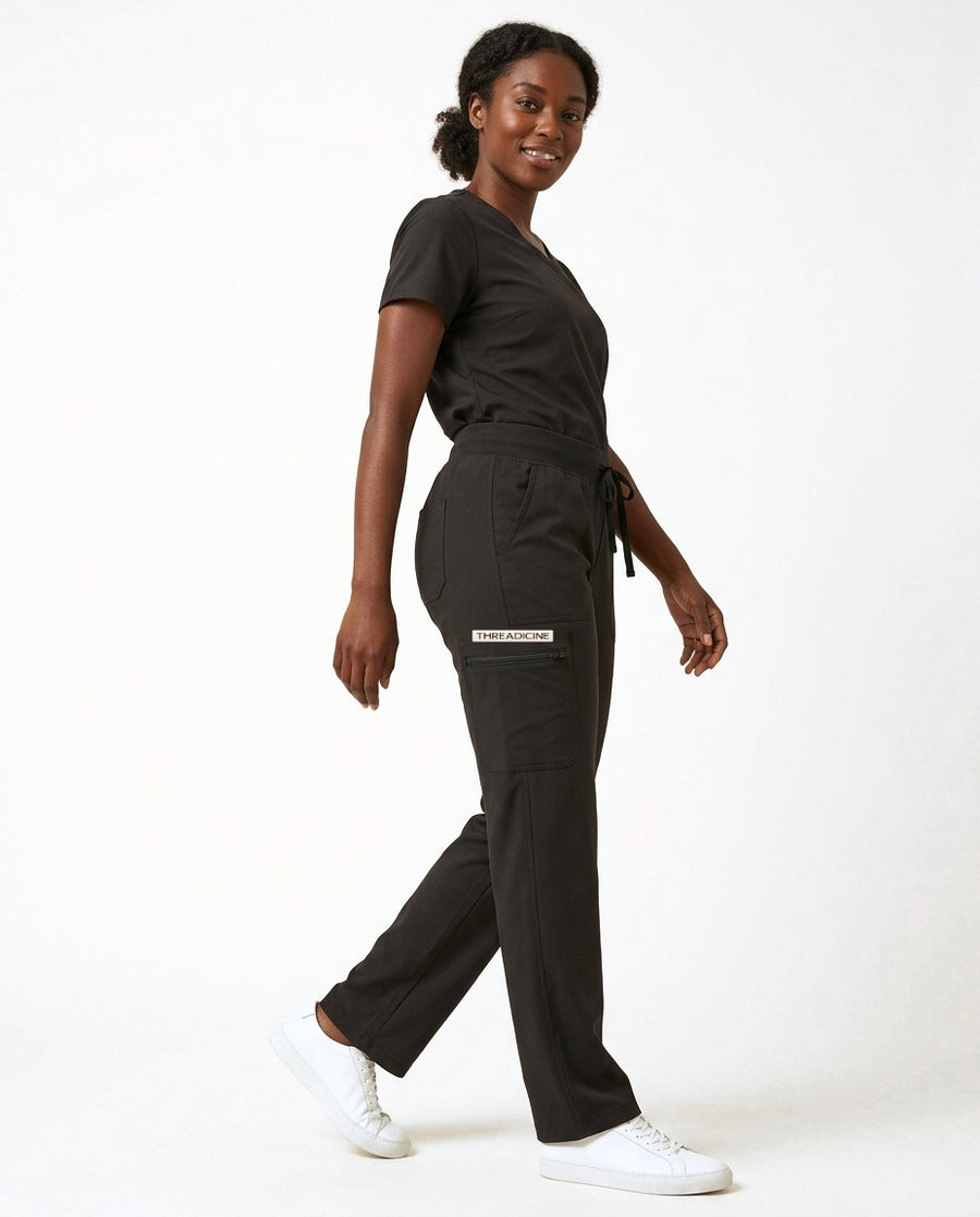 Women's Linea straight-leg pants scrubs in Black – front view | Threadicine