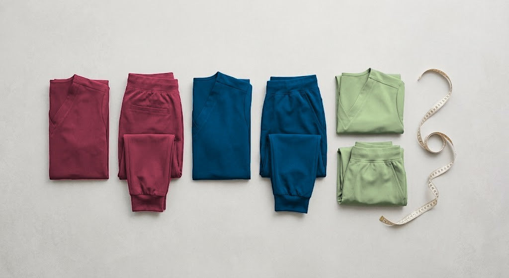 Folded Threadicine scrub tops and pants with a tape measure – fit guide