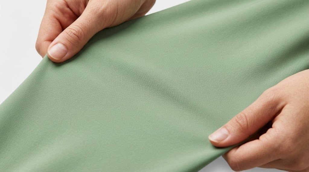 Hands stretching four-way stretch scrub fabric