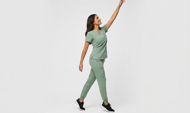 Woman reaching up in matcha jogger scrubs