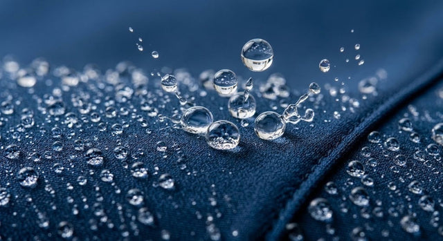 Water droplets beading on water-resistant scrub fabric