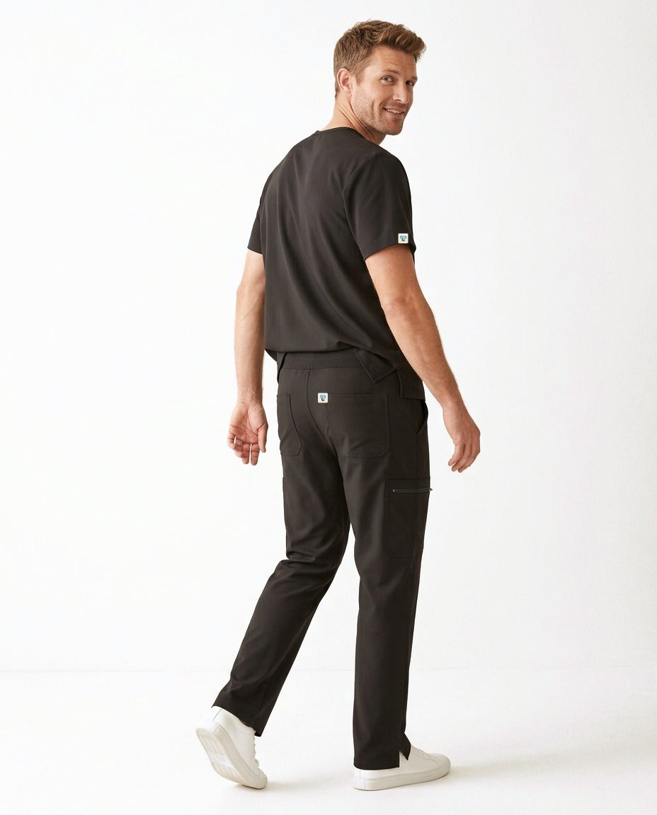 Men's Axis crew-neck top and Form straight-leg pants scrub set in Black – back view | Threadicine