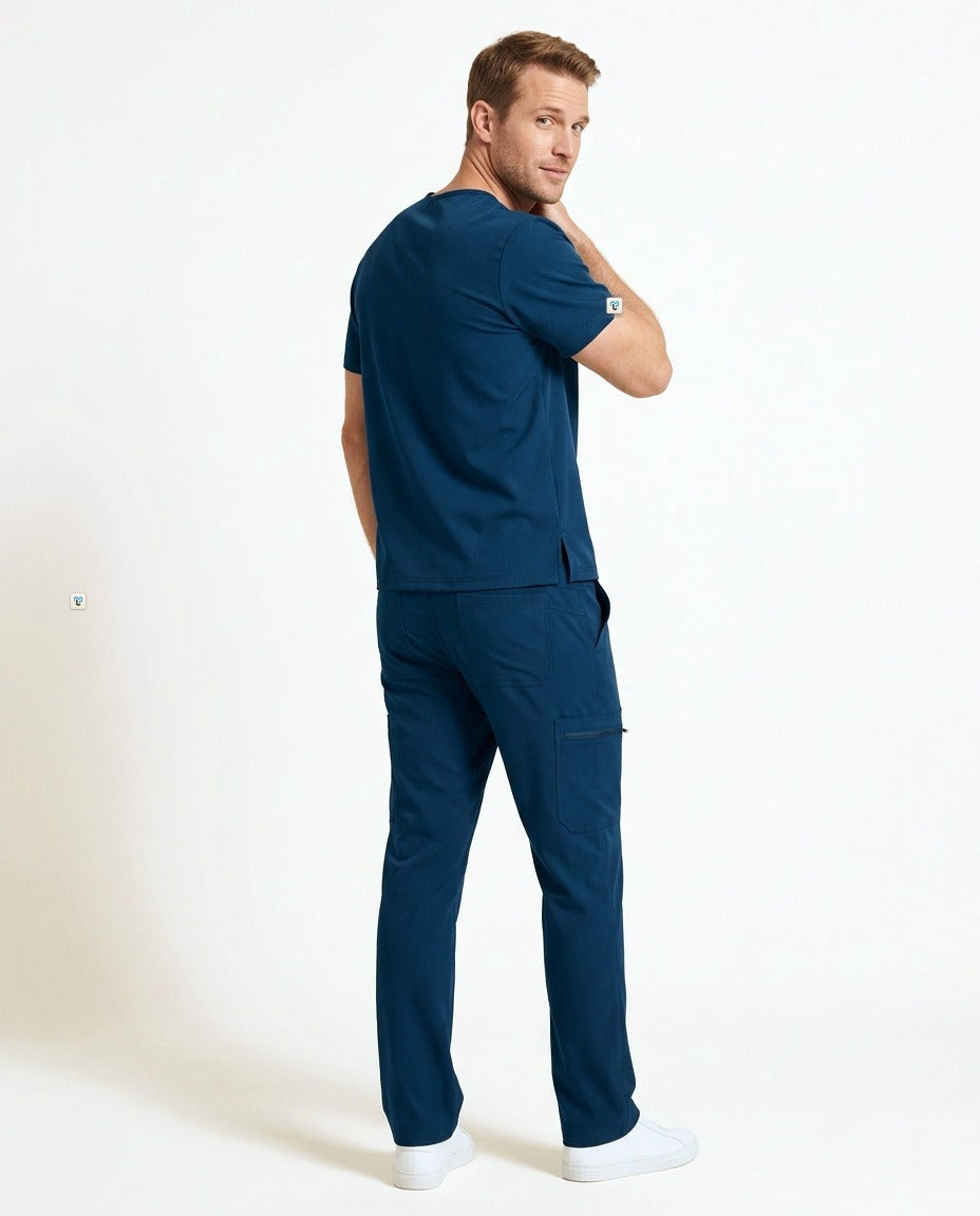 Men's Axis crew-neck top and Form straight-leg pants scrub set in Blue – back view | Threadicine