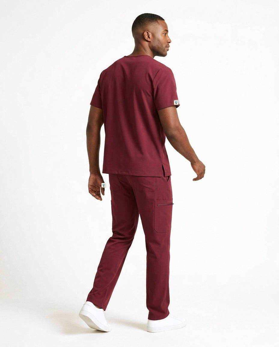Men's Axis crew-neck top and Form straight-leg pants scrub set in Burgundy – back view | Threadicine