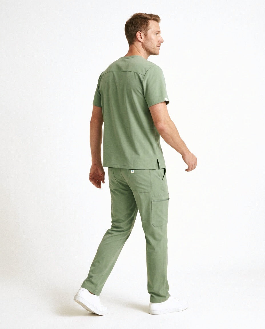 Men's Axis crew-neck top and Form straight-leg pants scrub set in Matcha – back view | Threadicine