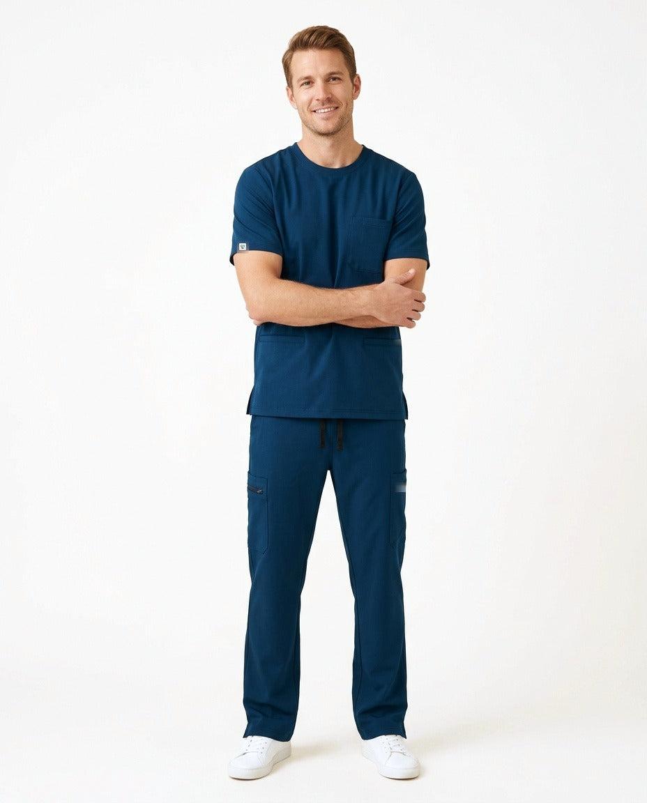 Men's Axis crew-neck top and Form straight-leg pants scrub set in Blue – front view | Threadicine