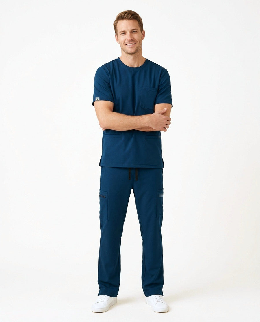 Men's Axis crew-neck top and Form straight-leg pants scrub set in Blue – front view | Threadicine