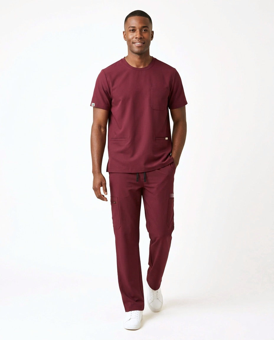 Men's Axis crew-neck top and Form straight-leg pants scrub set in Burgundy – front view | Threadicine