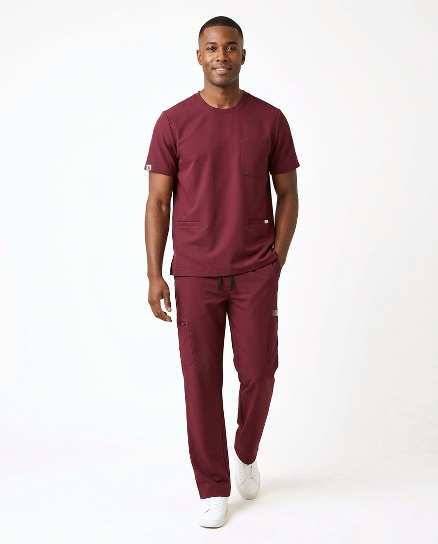 Men's Axis crew-neck top and Form straight-leg pants scrub set in Burgundy – front view | Threadicine