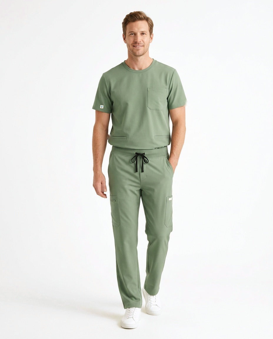 Men's Axis crew-neck top and Form straight-leg pants scrub set in Matcha – front view | Threadicine