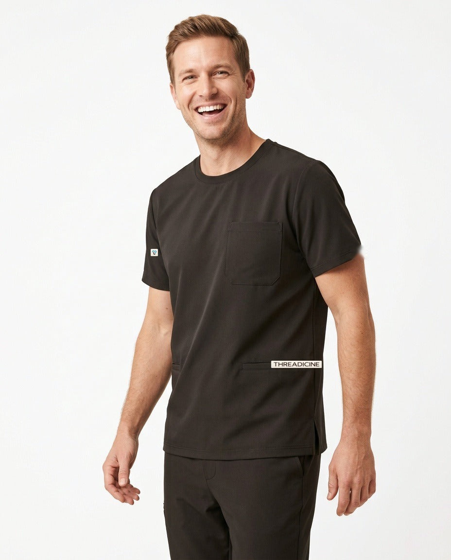 Men's Axis crew-neck top scrubs in Black – front view | Threadicine