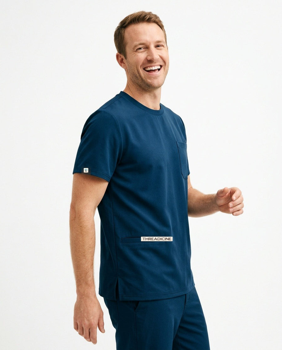 Men's Axis crew-neck top scrubs in Blue – front view | Threadicine
