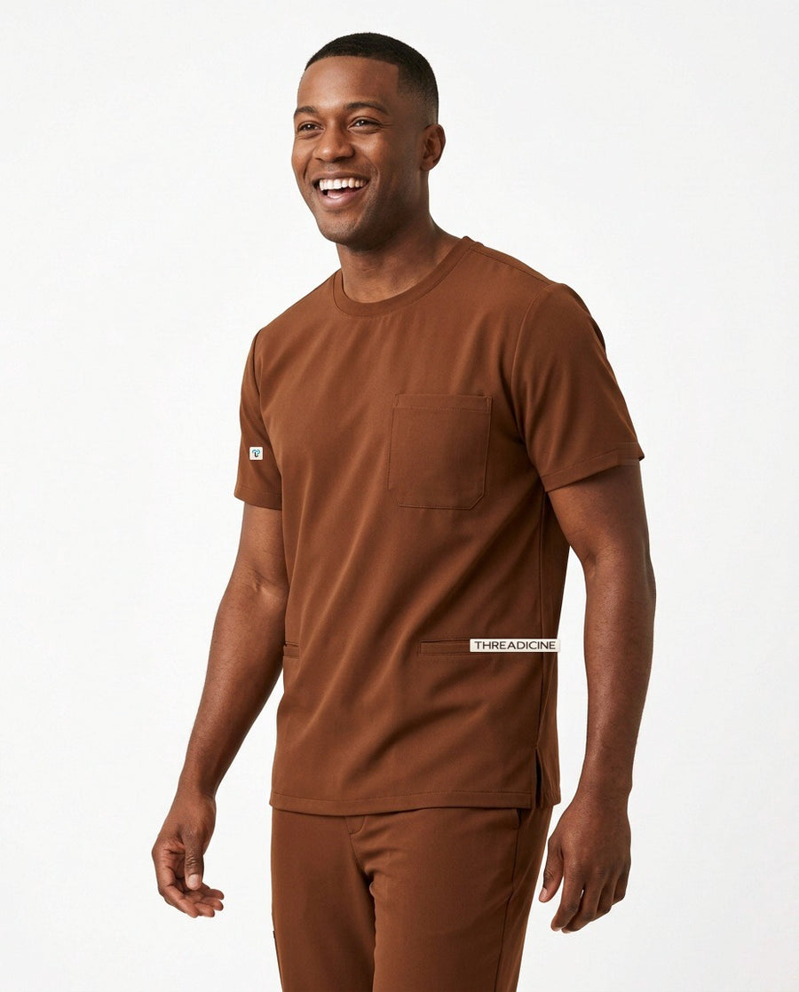 Men's Axis crew-neck top scrubs in Brown – front view | Threadicine