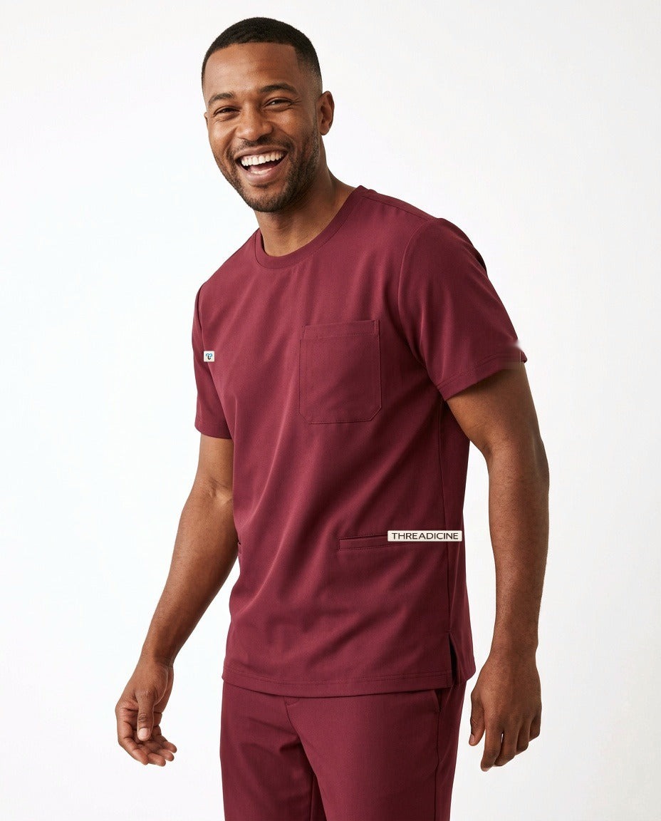 Men's Axis crew-neck top scrubs in Burgundy – front view | Threadicine