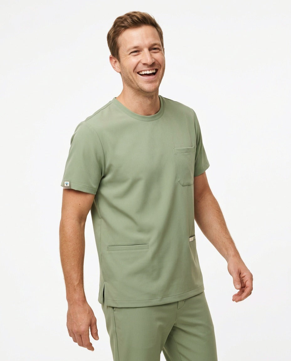 Men's Axis crew-neck top scrubs in Matcha – front view | Threadicine