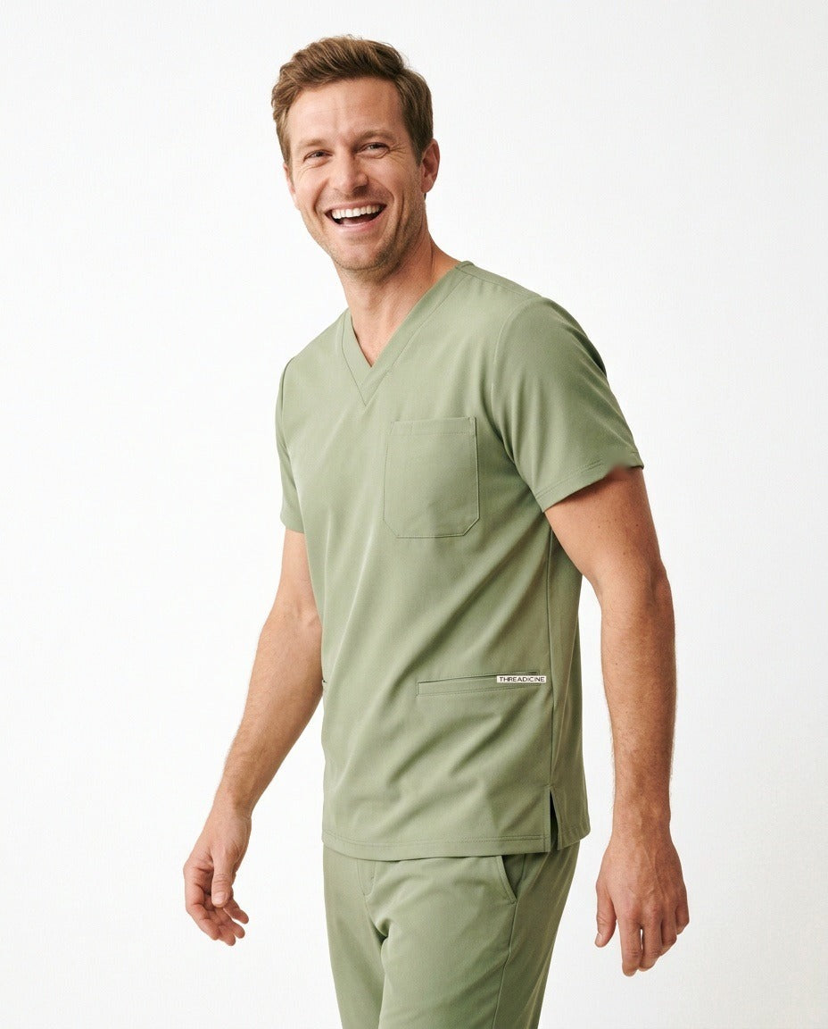 Men's Element V-neck top scrubs in Matcha – front view | Threadicine