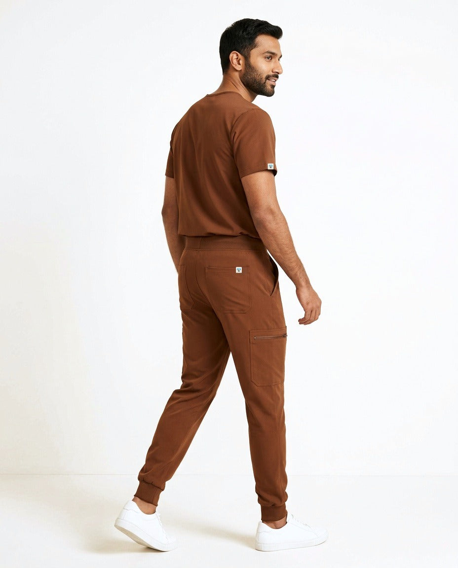 Men's Element V-neck top and Vector jogger pants scrub set in Brown – back view | Threadicine