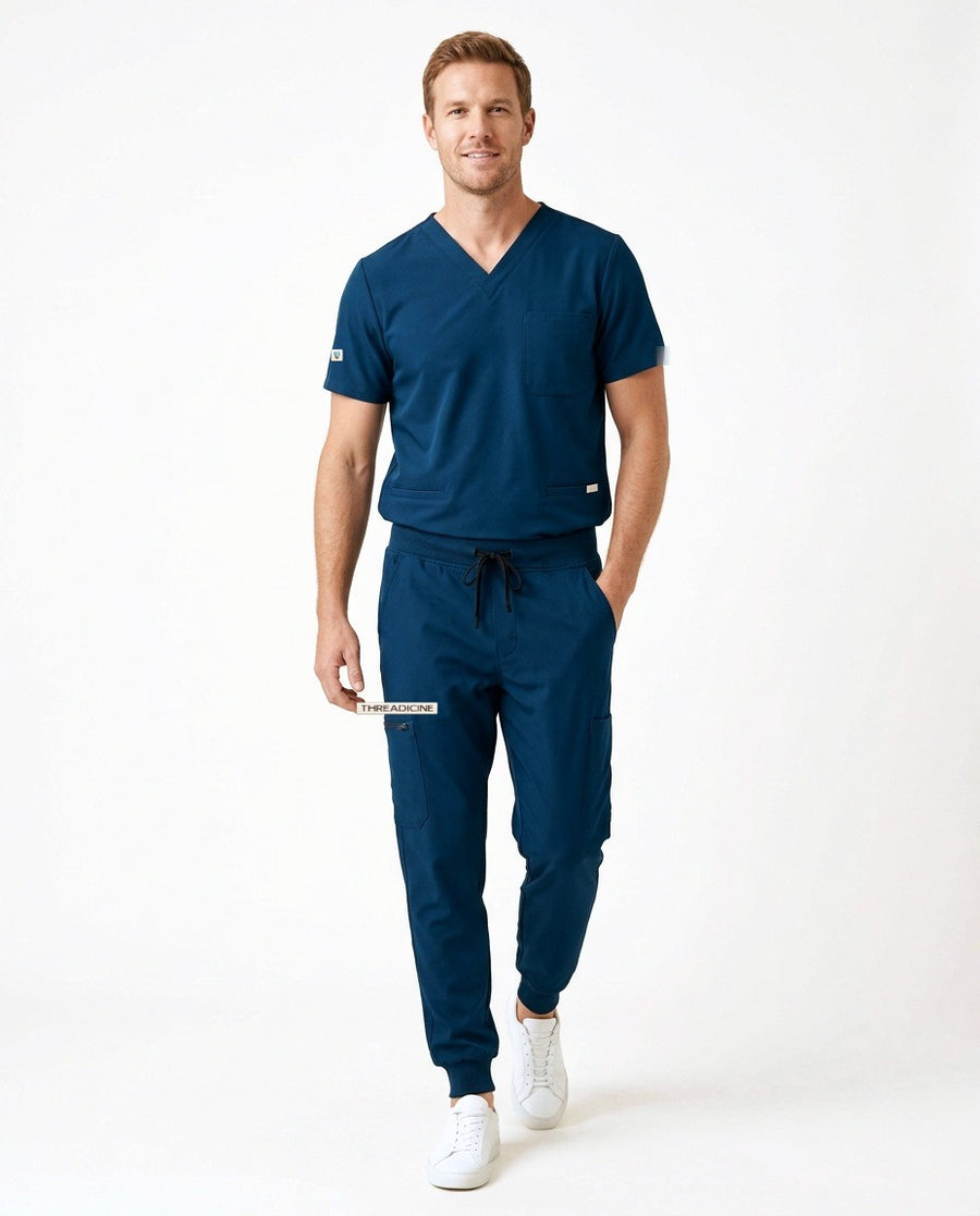 Men's Element V-neck top and Vector jogger pants scrub set in Blue – front view | Threadicine
