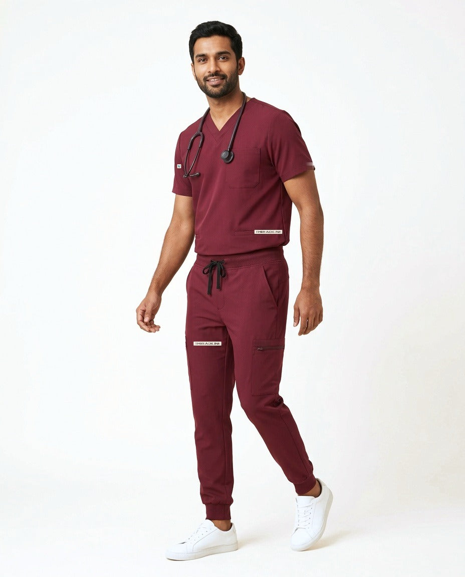 Men's Element V-neck top and Vector jogger pants scrub set in Burgundy – front view | Threadicine
