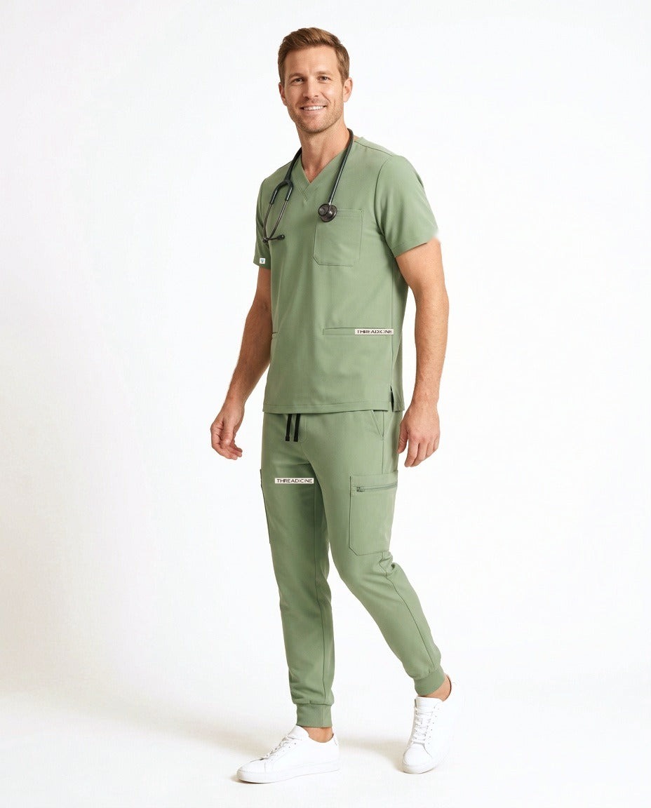 Men's Element V-neck top and Vector jogger pants scrub set in Matcha – front view | Threadicine