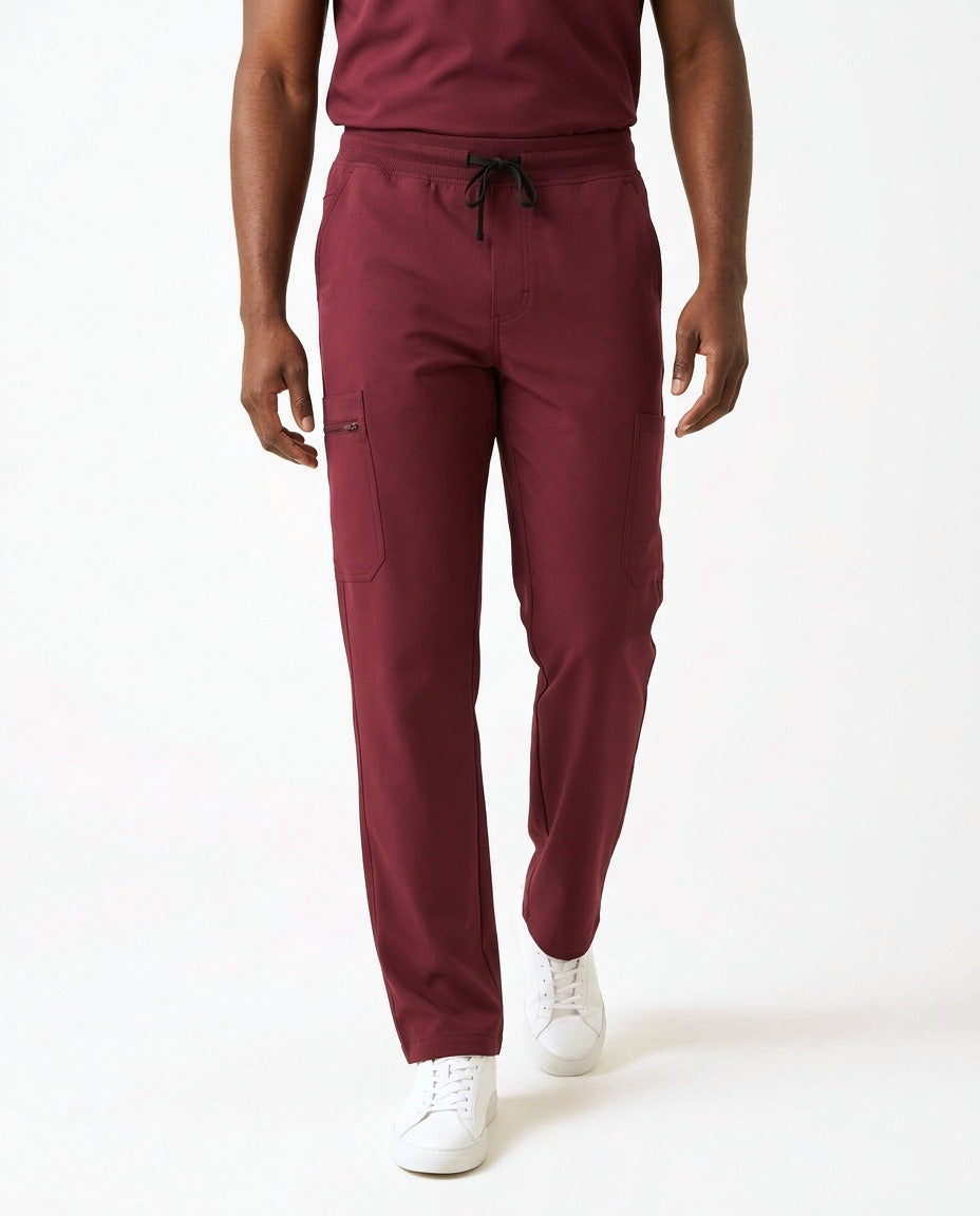 Men's Form straight-leg pants scrubs in Burgundy – front view | Threadicine