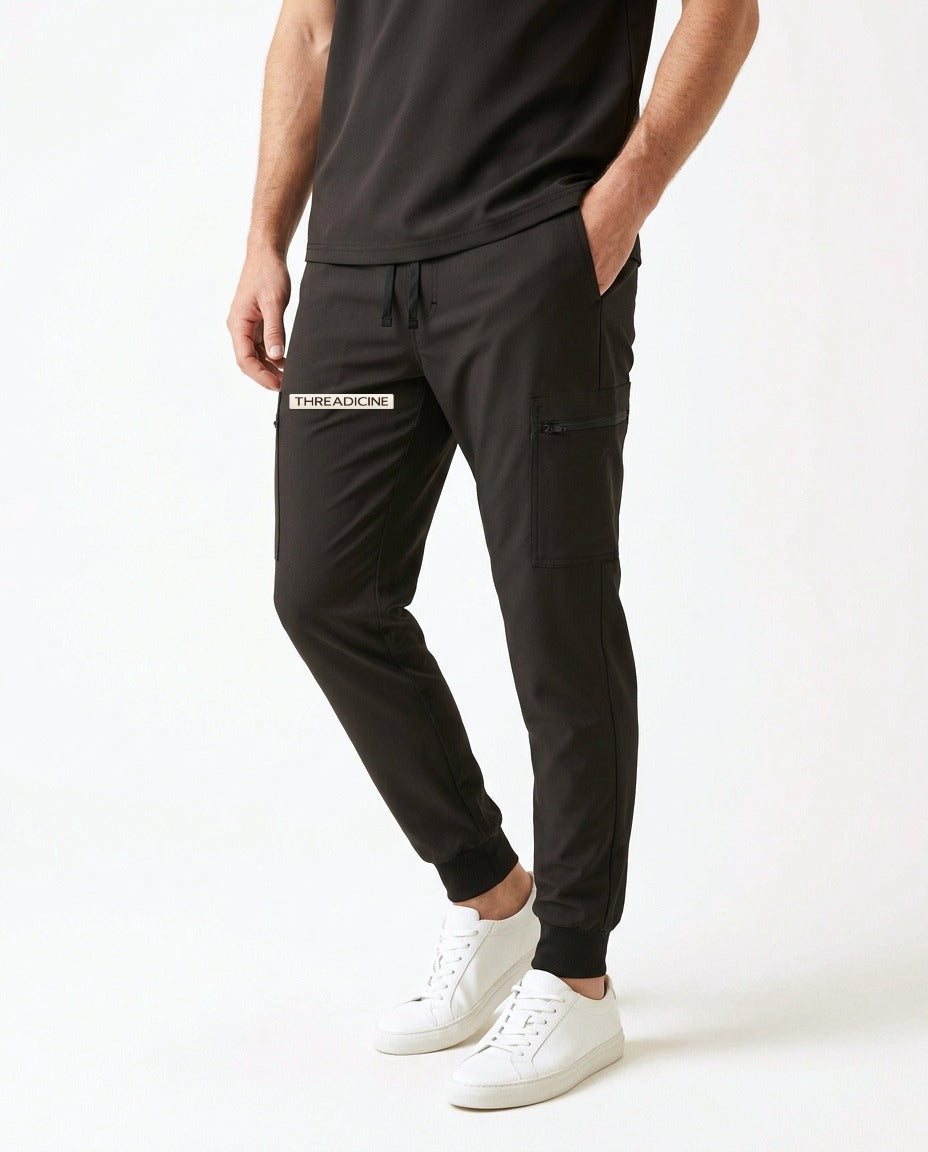 Men's Vector jogger pants scrubs in Black – front view | Threadicine
