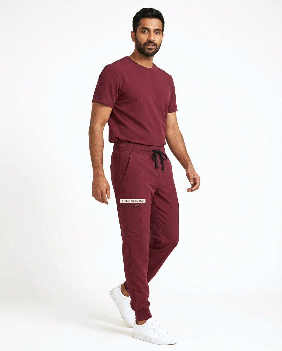 Men's Vector jogger pants scrubs in Burgundy – front view | Threadicine