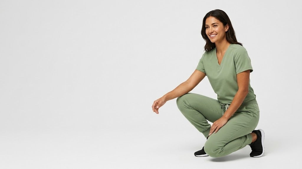Nurse crouching in matcha Threadicine scrubs showing four-way stretch