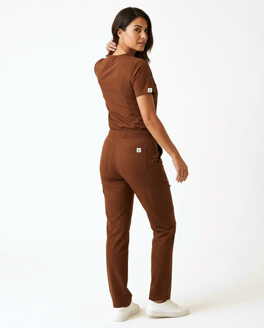 Women's Atelier V-neck top and Linea straight-leg pants scrub set in Brown – back view | Threadicine