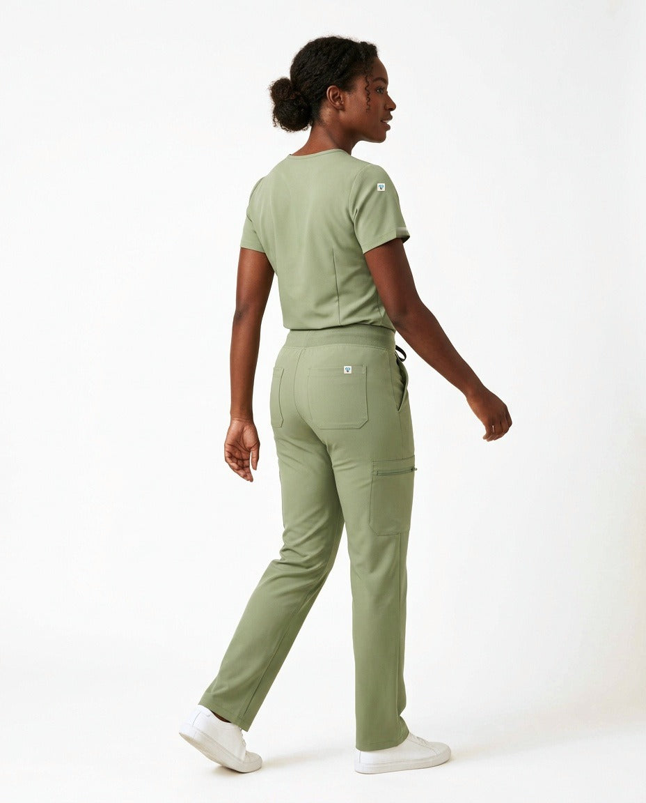 Women's Atelier V-neck top and Linea straight-leg pants scrub set in Matcha – back view | Threadicine