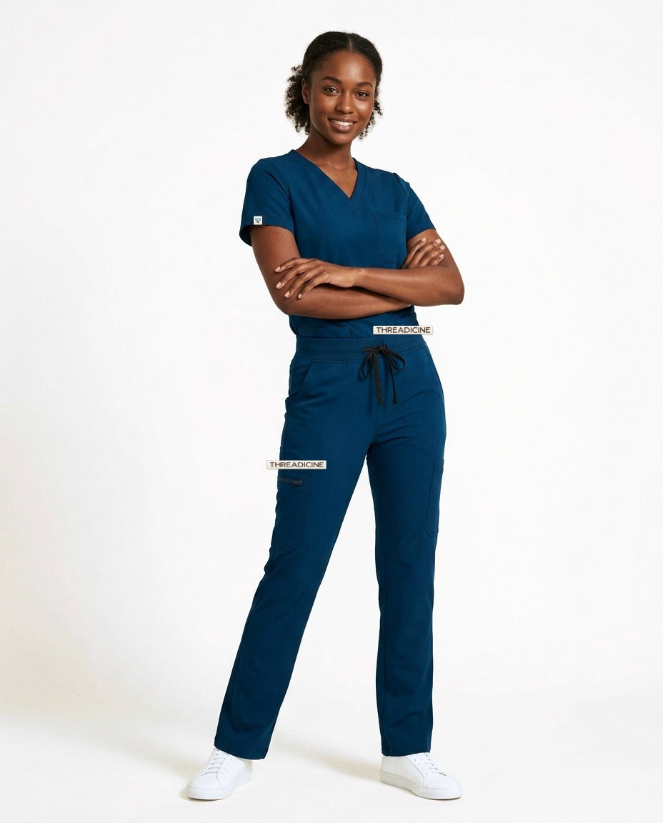 Women's Atelier V-neck top and Linea straight-leg pants scrub set in Blue – front view | Threadicine