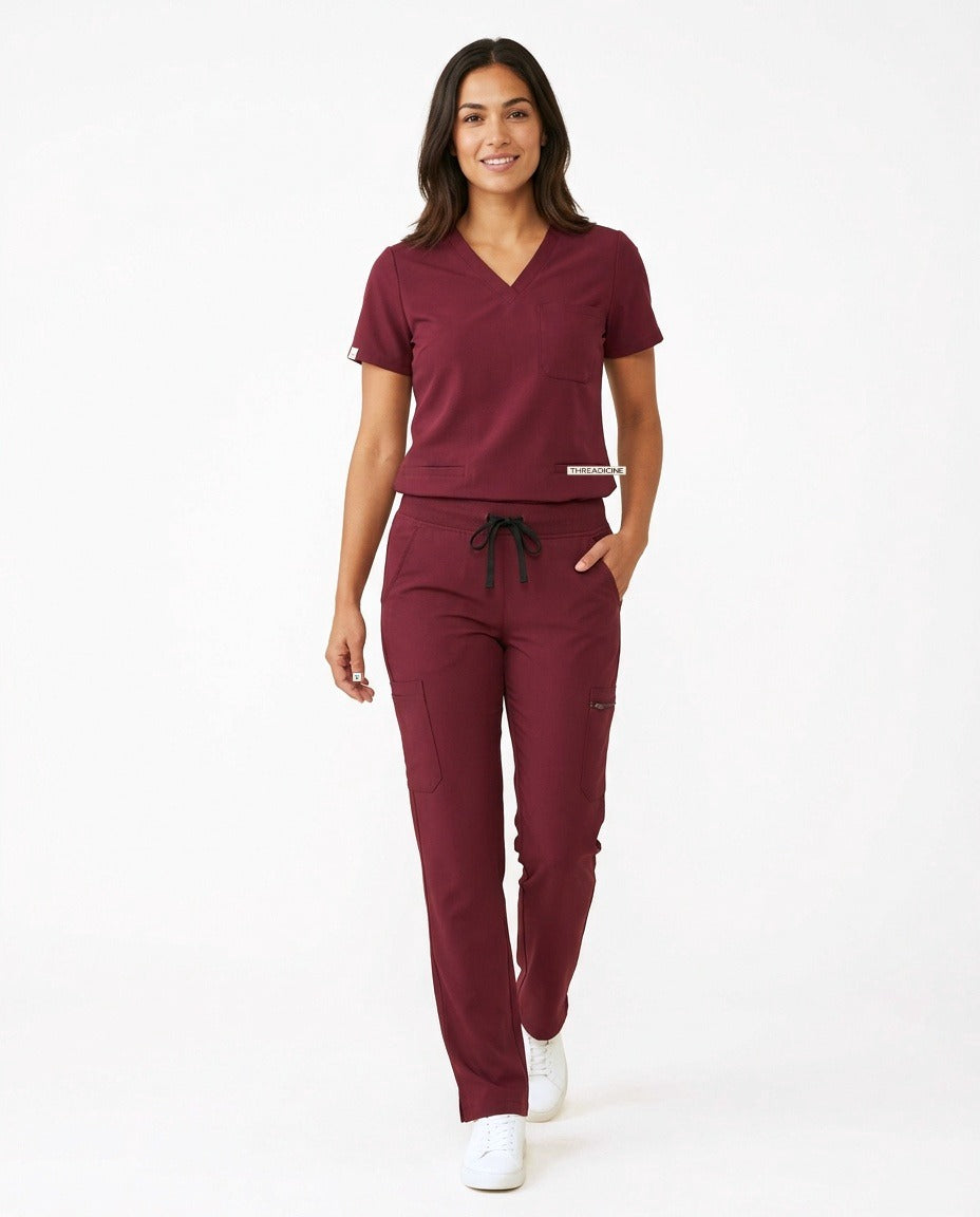 Women's Atelier V-neck top and Linea straight-leg pants scrub set in Burgundy – front view | Threadicine