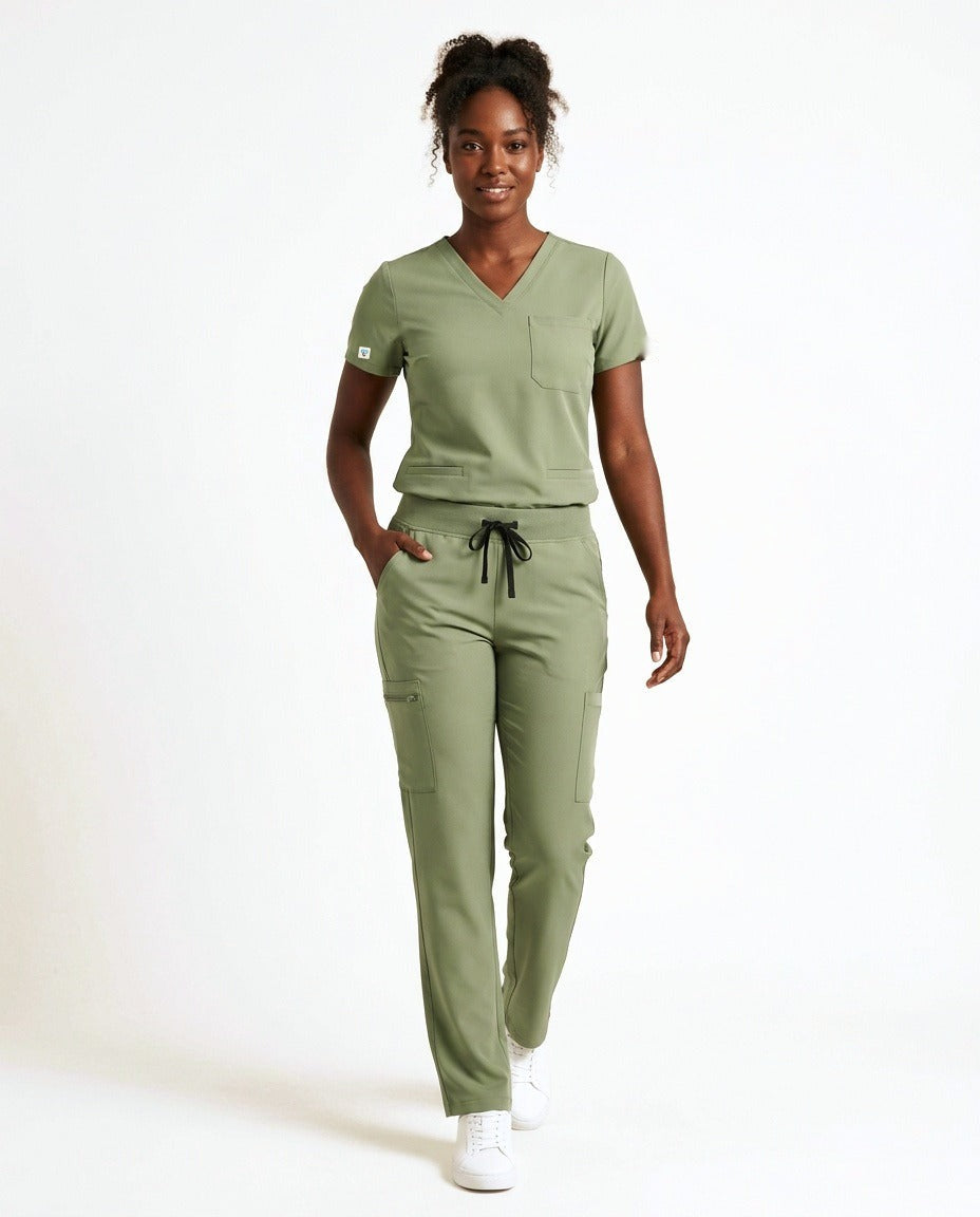 Women's Atelier V-neck top and Linea straight-leg pants scrub set in Matcha – front view | Threadicine