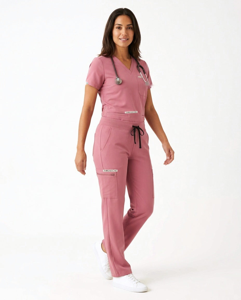 Women's Atelier V-neck top and Linea straight-leg pants scrub set in Pink – front view | Threadicine