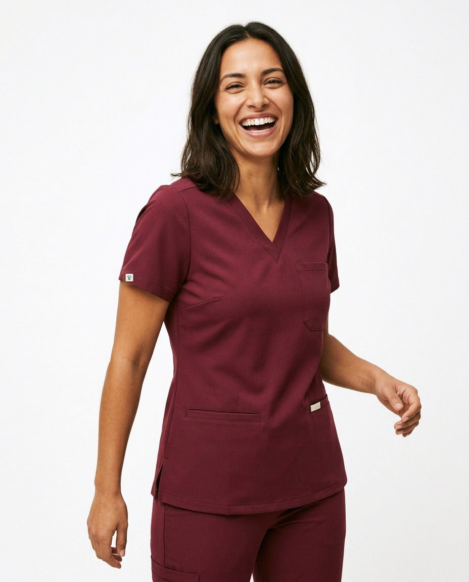 Women's Atelier V-neck top scrubs in Burgundy – front view | Threadicine
