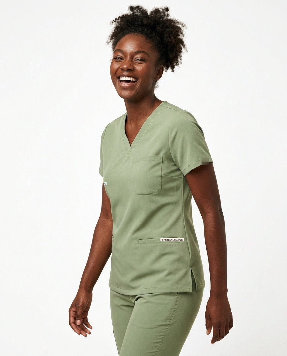 Women's Atelier V-neck top scrubs in Matcha – front view | Threadicine