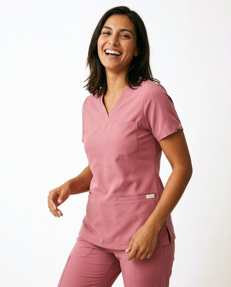 Women's Atelier V-neck top scrubs in Pink – front view | Threadicine