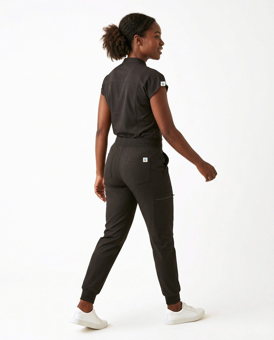 Women's Contour mandarin-collar top and Motive jogger pants scrub set in Black – back view | Threadicine