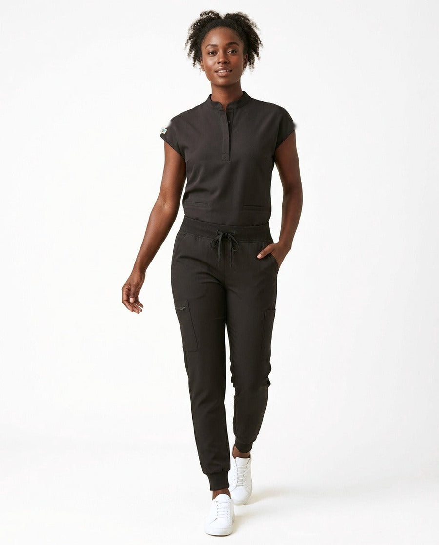 Women's Contour mandarin-collar top and Motive jogger pants scrub set in Black – front view | Threadicine