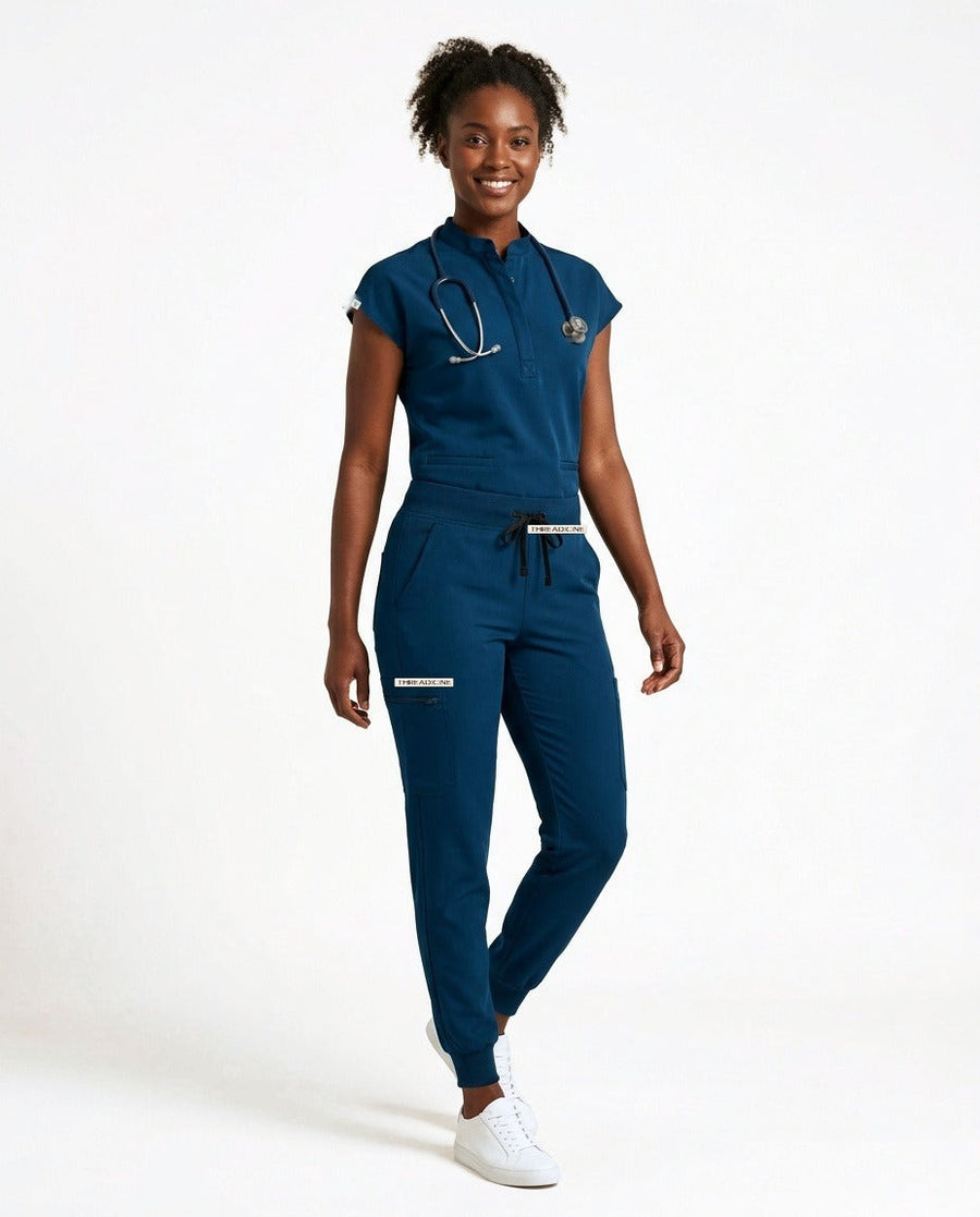 Women's Contour mandarin-collar top and Motive jogger pants scrub set in Blue – front view | Threadicine