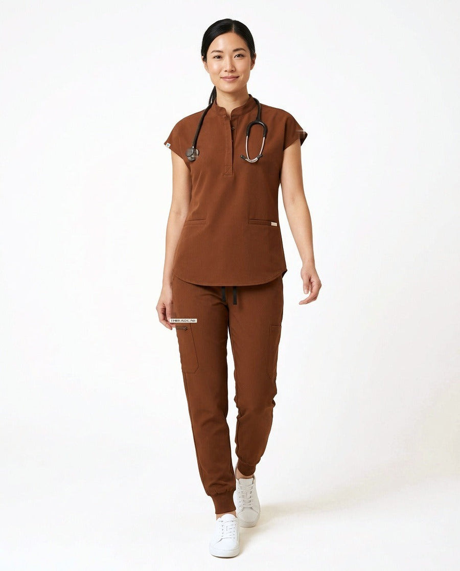 Women's Contour mandarin-collar top and Motive jogger pants scrub set in Brown – front view | Threadicine