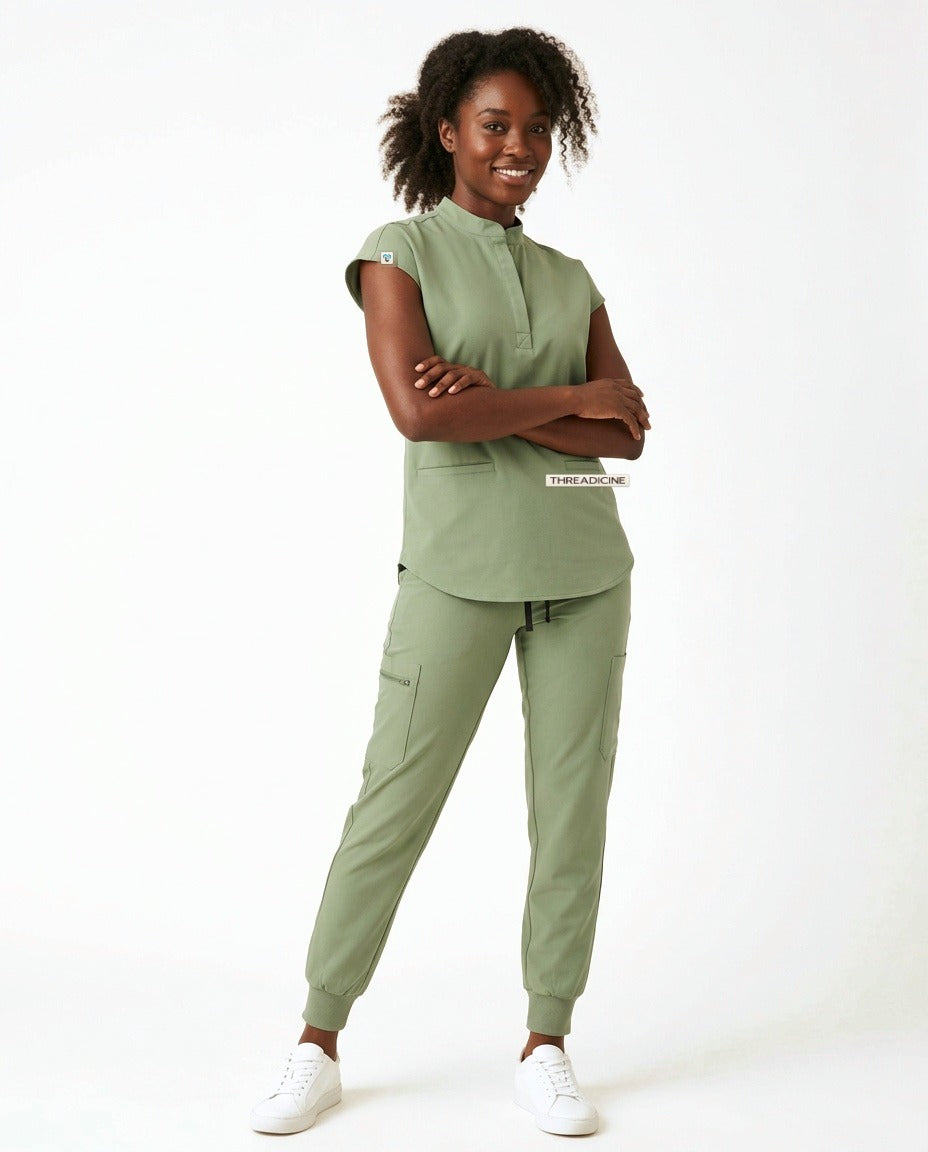 Women's Contour mandarin-collar top and Motive jogger pants scrub set in Matcha – front view | Threadicine